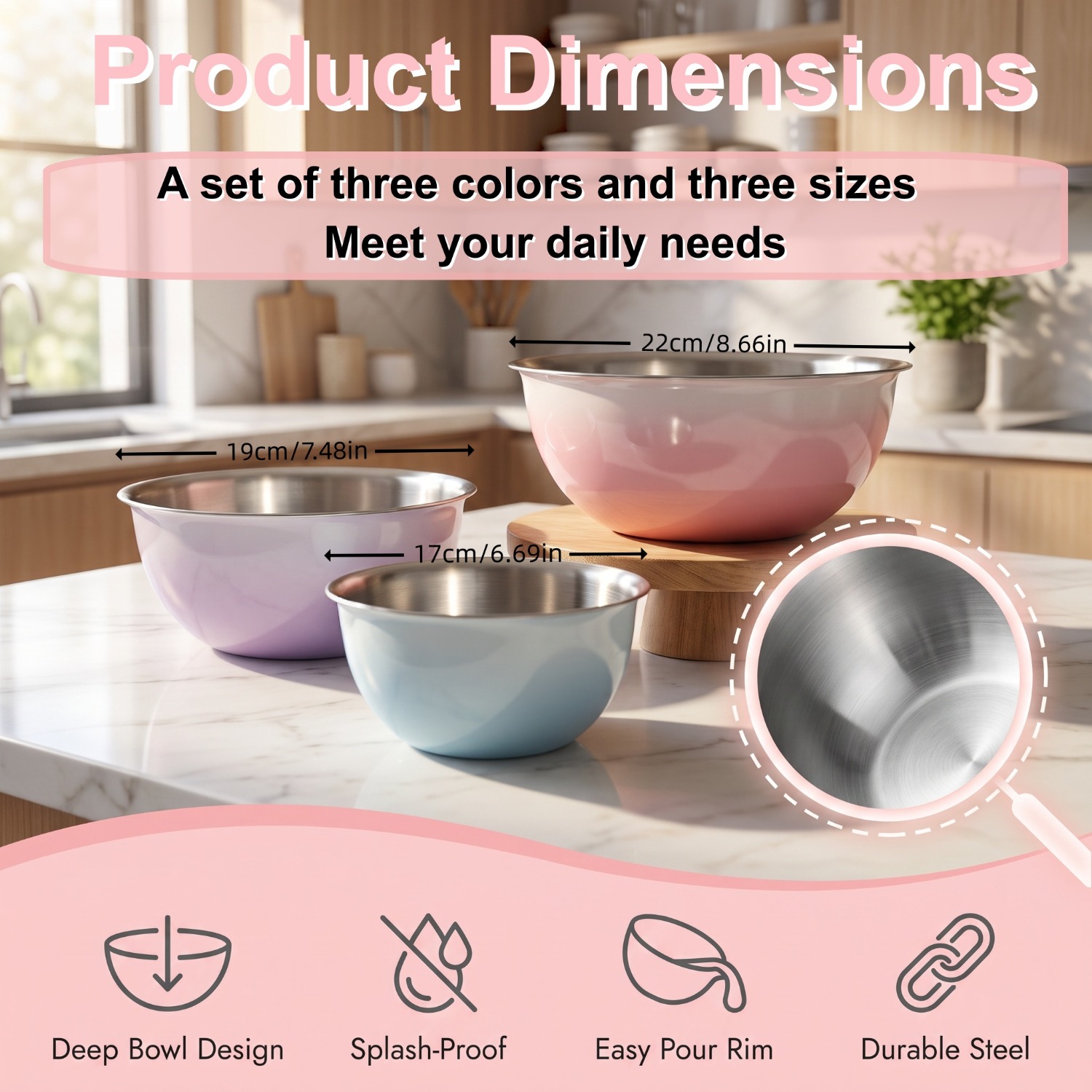 TEMU 3pcs Macaron Color Gradient Stainless Steel Nesting Mixing Bowls Set, Stackable Kitchen Prep Bowls, Christmas Holiday Baking Tools For Baking