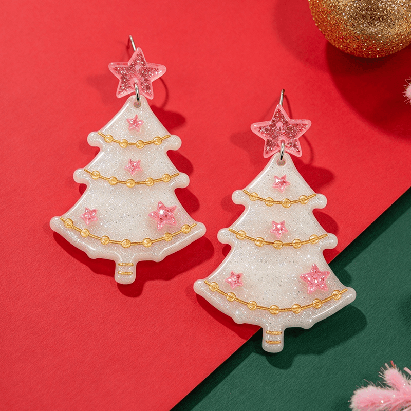 Christmas Pink Star Tree Earrings, Festive Dangle Gift