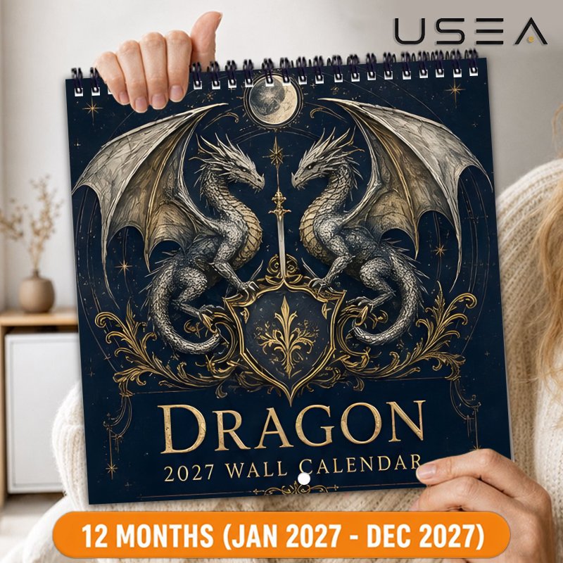 TEMU Calendriers Muraux 2027, Calendrier Mural Dragon Vintage 2027, Planificateur Mensuel Suspendu à Double Fil pour 12 Mois, Grands Blocs d'Écriture