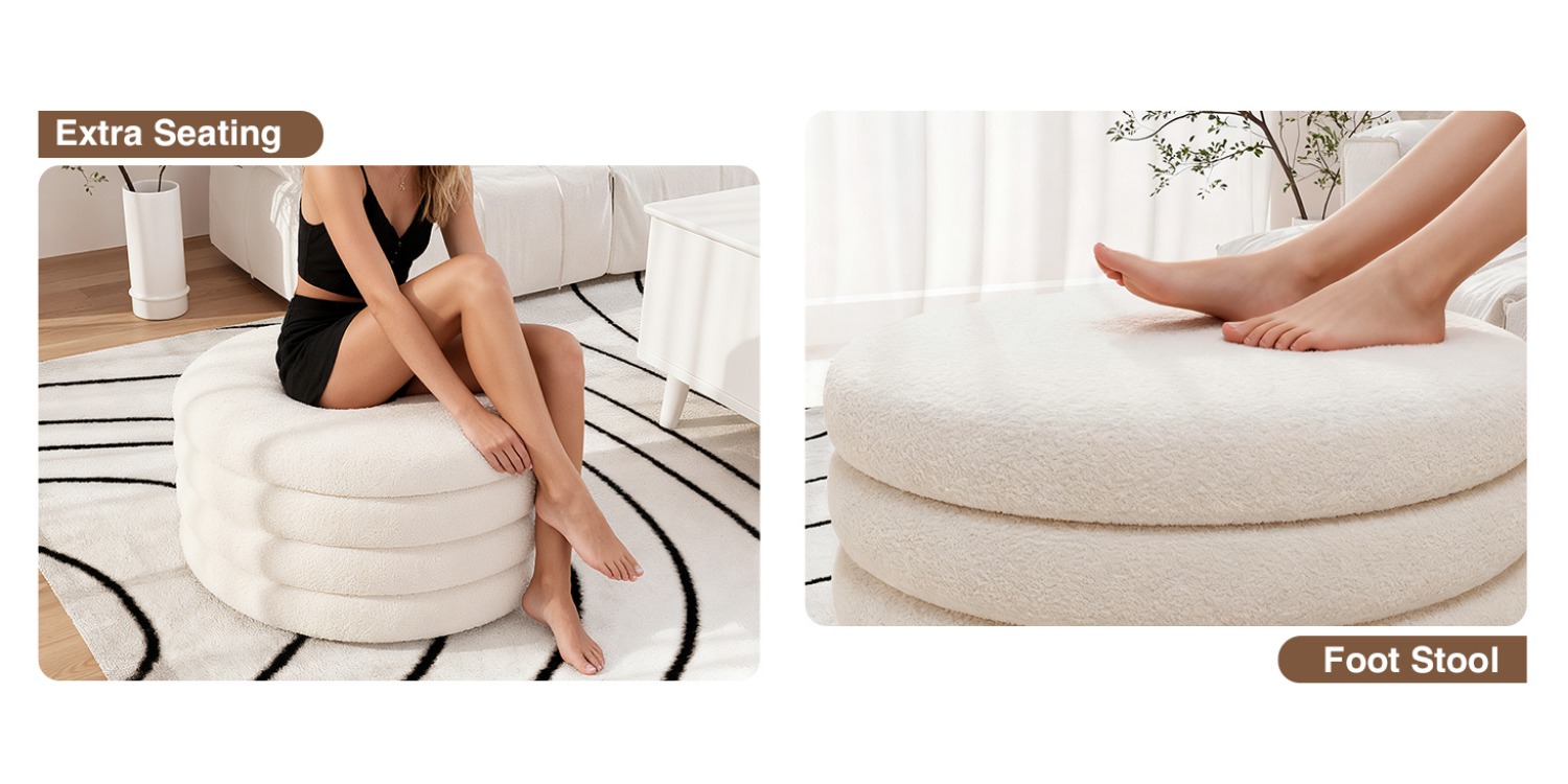 30 Inch Round Ottoman Coffee Table with Storage & Sherpa Top - Large Multi-Functional Modern Footrest Suitable for Couch, Cream White Frame/Plywood Base Furniture for Living Room, Space-Saving Tray Table for Small Spaces