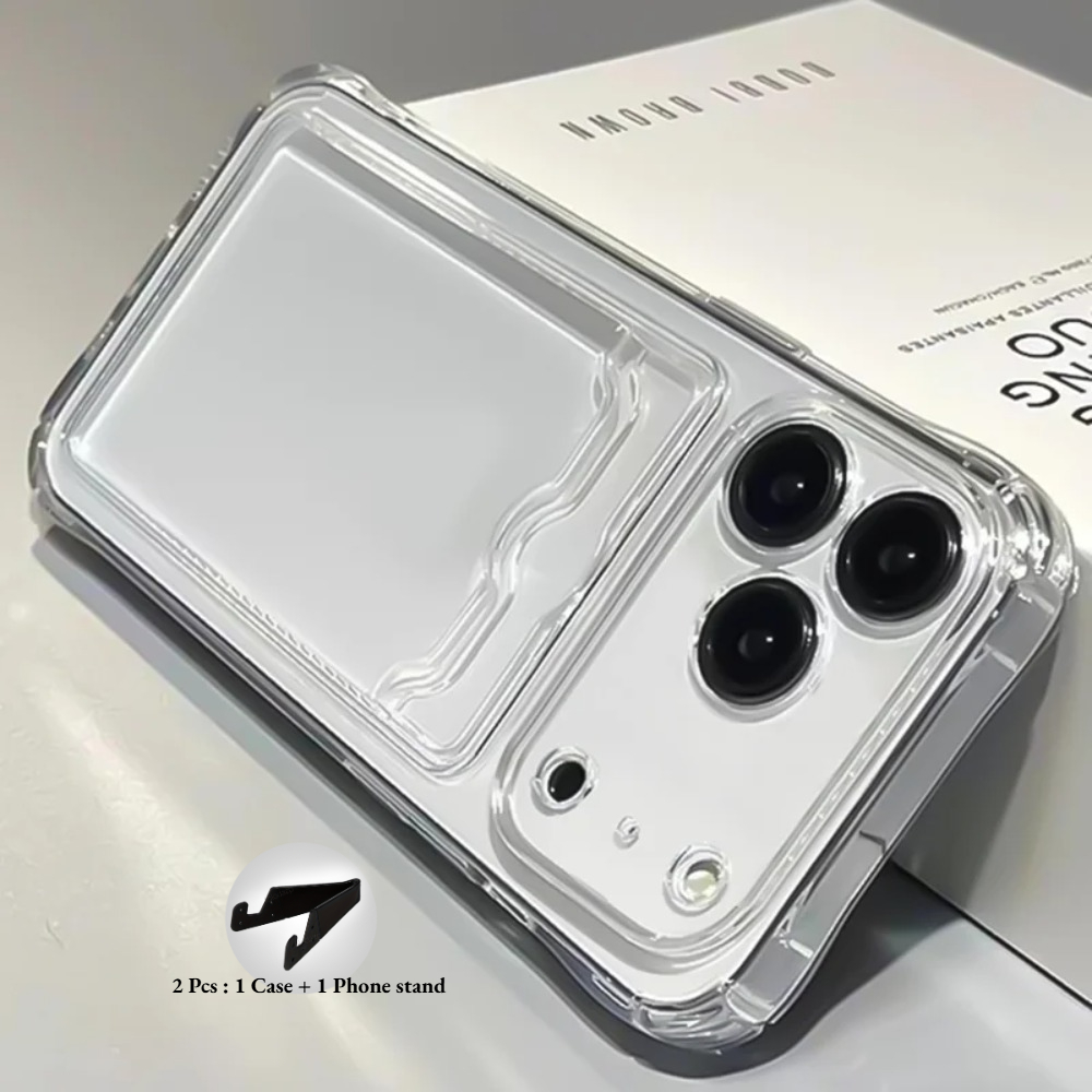 TEMU Phone Case: 2pcs: 1 Case + 1 Phone Stand Durable Transparent Protective Phone Case With Card Slot For Iphone 18/17/1615/14/13/12/11 Series -