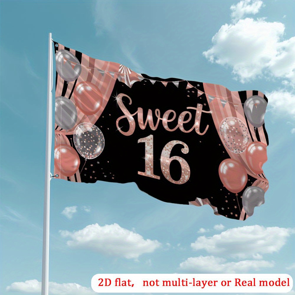 TEMU 2d Flat, 2d Printing Garden Flag 1pc Sweet 16 Celebration Flag - Polyester Yard Decor With Glittery "40.64cm & Balloons, Durable Outdoor Garden