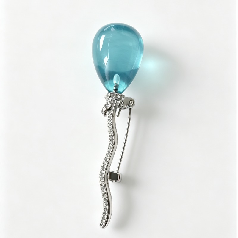 TEMU 1pc Fashionable Light Luxury 3d Glass Blue Balloon Women's Creative Brooch, Silvery Rhinestone Curved Handle, Unisex, Commute All-match, Elegant