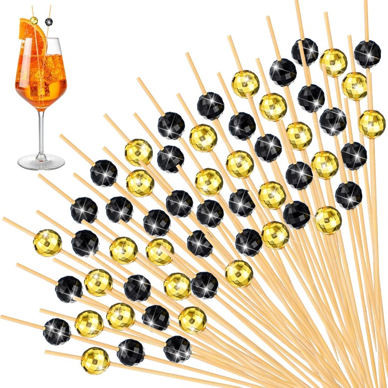 Image of 60/30pcs Of Festive Cocktail Picks Featuring Disco Balls, Perfect For Appetizers. Elegant Bamboo Skewers Designed For Drinks, Ideal For Wedding Disco Parties And Christmas Celebrations (golden, Black)