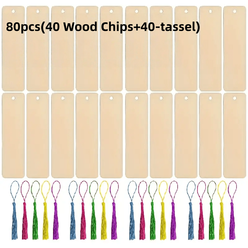Image of 80pcs Wooden Blank Bookmarks, Laser-cut Pendants With Tassels, Square Labels, Options - Perfect For Weddings, Gifts, Students, Clothing, Cupcake Decorations& Office Supplies