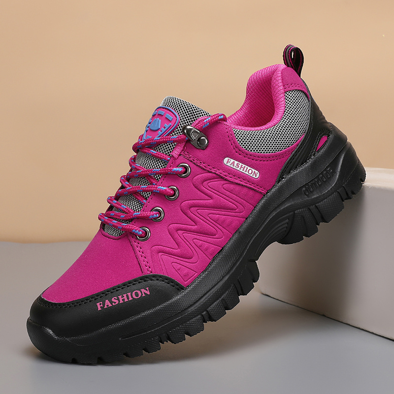 Outdoor Women's Hiking Shoes With Rose-red Accents, Lace-up Closure, Lightweight And Breathable Casual Sneakers, Suitable For Outdoor Mountaineering And Autumn And Winter, As Well As Daily