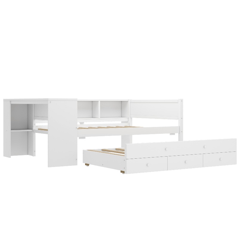Full Size Daybed with Trundle, Wood Day Bed Frame with Storage Drawers And Side Shelves, Daybed with Desk, No Spring Box Needed, White