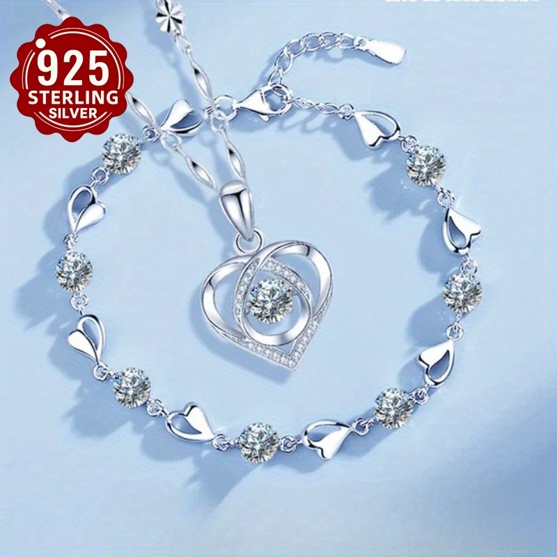 TEMU 2pcs 925 Silver Heart-shaped Necklace And Bracelet - Fashionable Women's Set - Shiny Heart-shaped Design - For Your Female Total Weight Of The