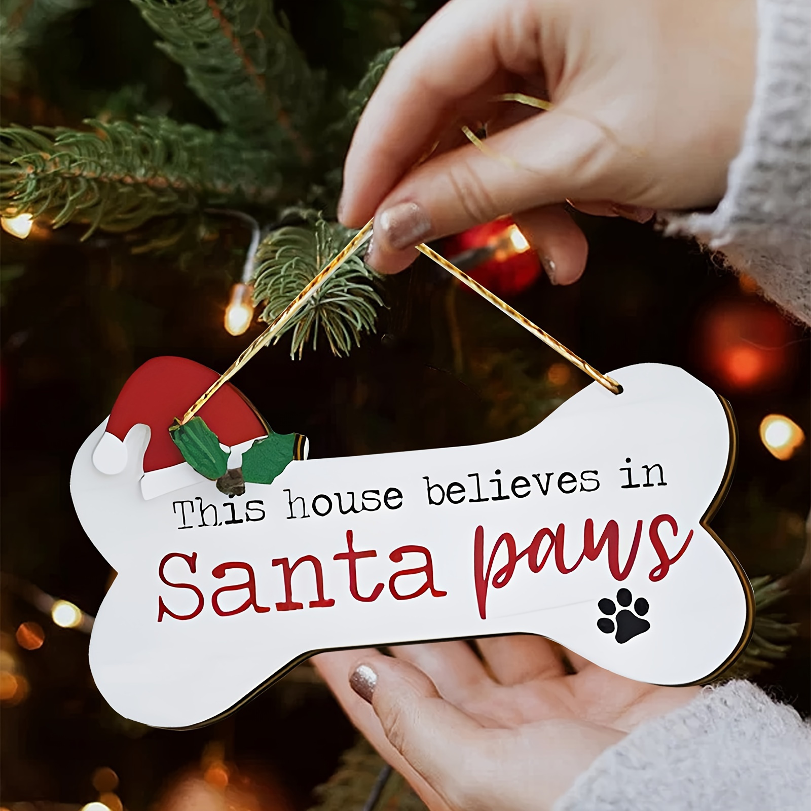 1pc Santa Claus Paw Dog Bone Shape Wooden Christmas Door Sign - Reinforced Wooden Wall Hanging Suitable For Decoration, Perfect For Room Decor