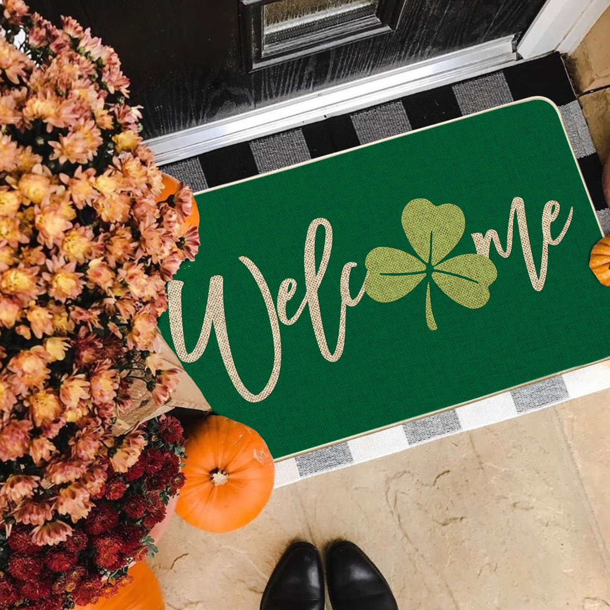 

Green Shamrock Welcome Doormat For 's Day - Low-profile, Non-slip Rubber Backing, Indoor/outdoor Home , 17x29 Inch, Polyester, Machine Washable, Outdoor For Front Door