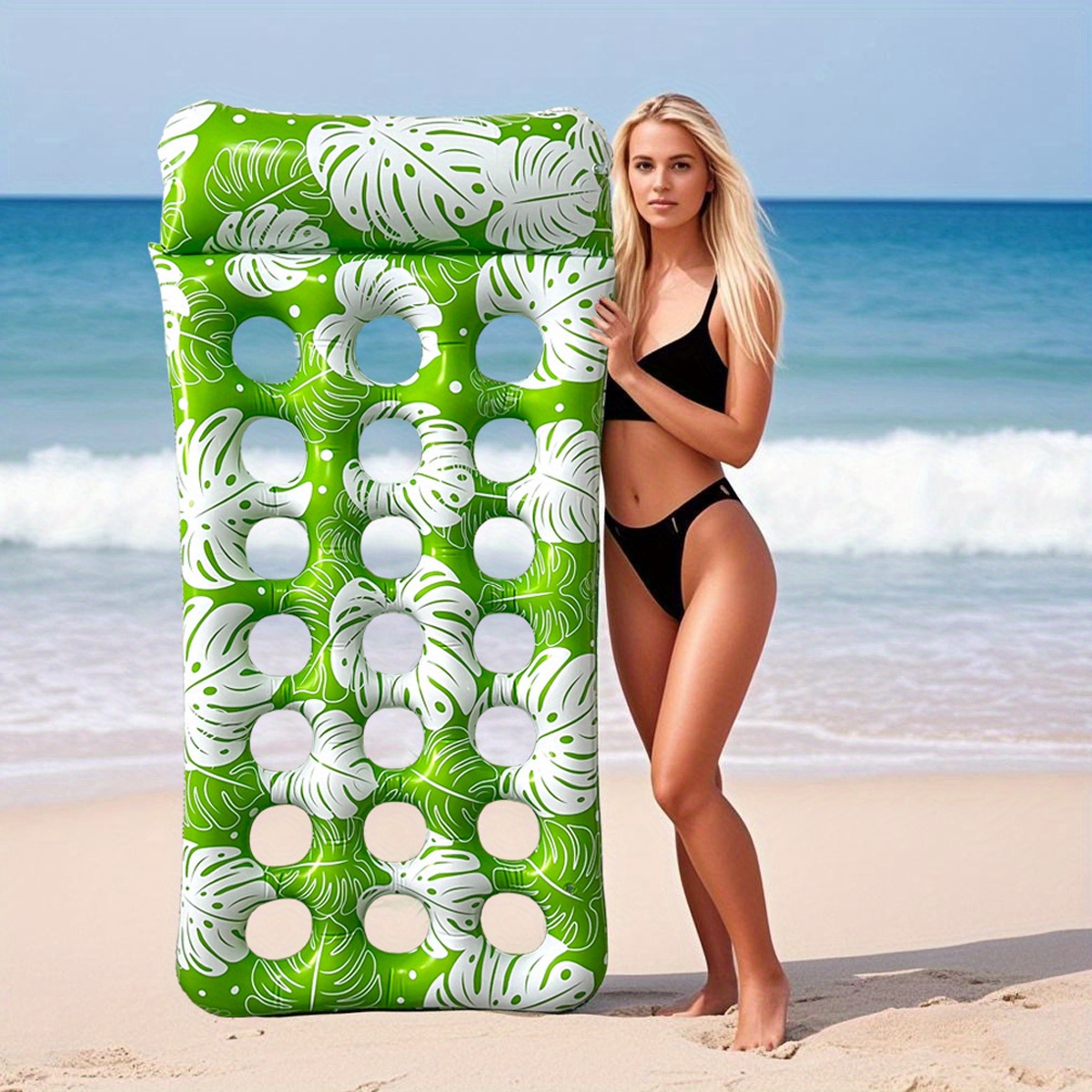 Inflatable Water Hole Floating Row Leaf Print Water Recliner for Beach