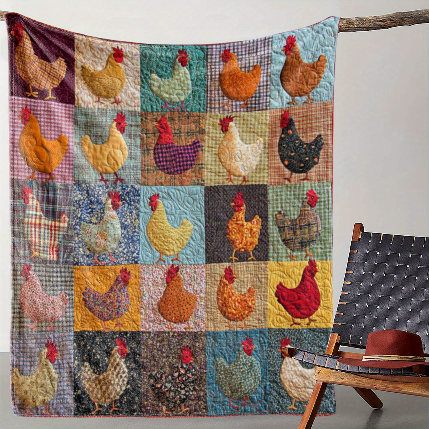 1pc Vintage Chicken Print Flannel Blanket, Soft Cozy Knitted Polyester Throw, All Seasons Colorful Patchwork Fleece for Sofa, Bed, Office, Camping, Travel, Gift Blanket 250-300gsm