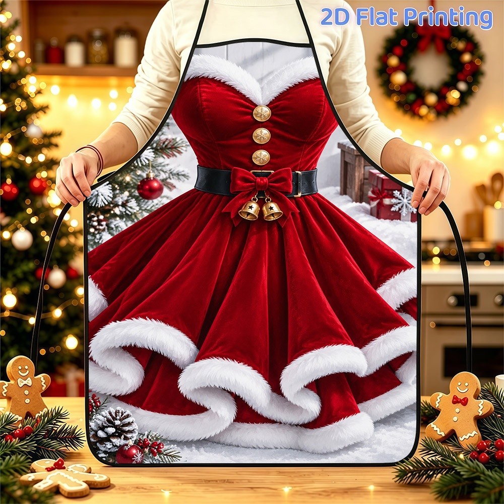 TEMU 1pc Christmas-themed Apron, 2d Printed With Festive Red Plush Trim And Christmas Dress Pattern, Polyester Material With Adjustable Waistband,
