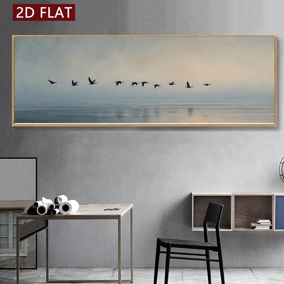 TEMU 2d Flat, 1pc Modern Over Sunset Wall Art - Horizontal Canvas Poster Painting, Birds & Calm Ocean For /outdoor, Ink On Canvas For Bedroom, Living
