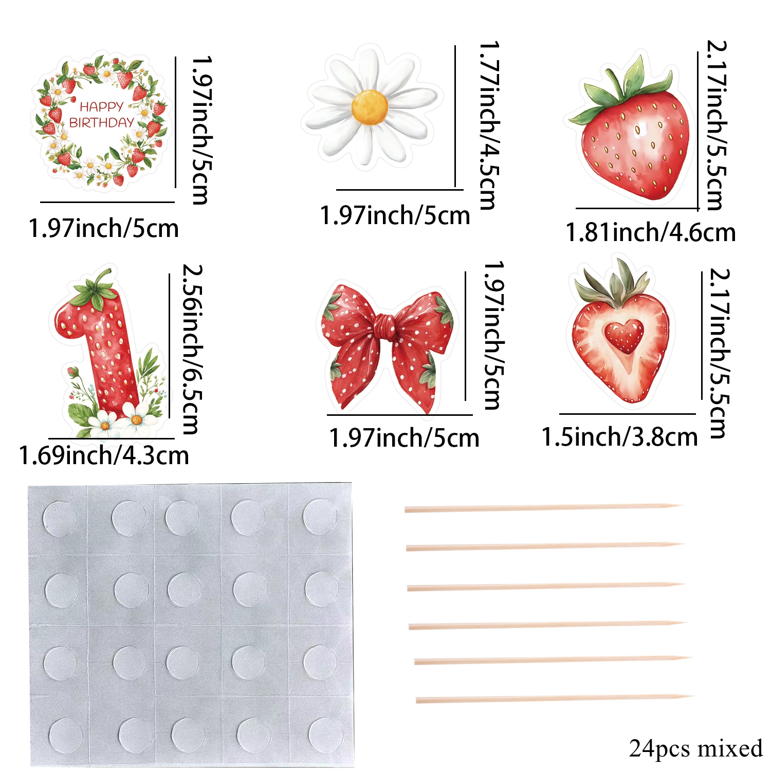 Image of 24pcs Mixed Strawberry Cupcake Toppers | Strawberry 1st Number Topper With For Happy Birthday Cupcake Decoration Supplies