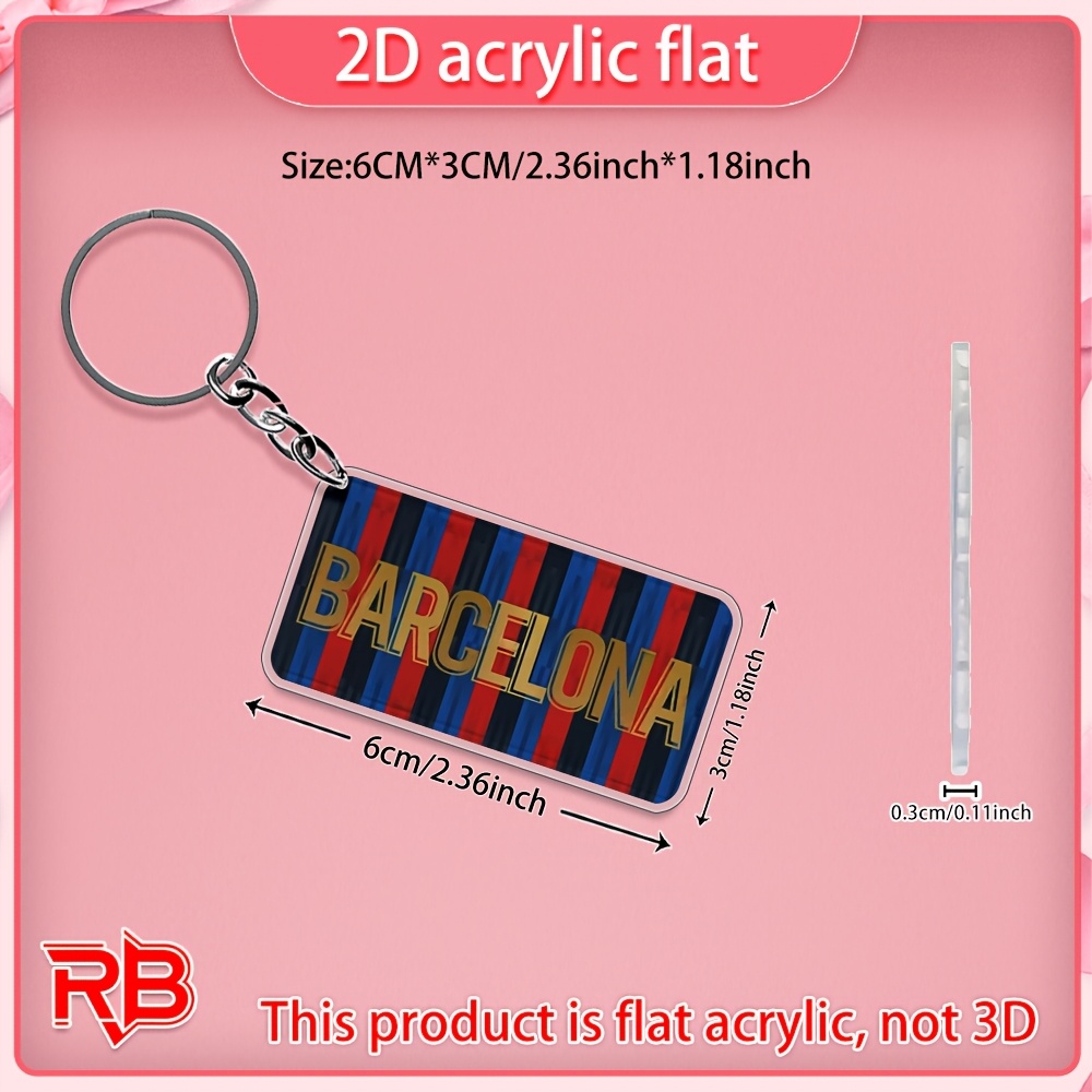 TEMU 2d Flat, 2d Flat Acrylic Keychain Accessory, 1pc, Barcelona Acrylic Keyring - And Red Striped Design With "barlona" Lettering, Suitable For Car