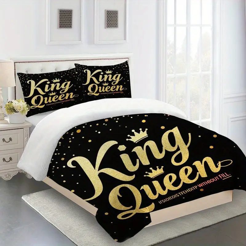3pcs luxury king queen golden letter print duvet , modern romantic black theme bedroom decor, soft polyester fabric for master 1 duvet +2 pillowcases, queen size bedding set, king size sets, queen bed comforter set, set, durable fabric, bedding, pillowcase set, couples gift, home decor lovers Product details 2
