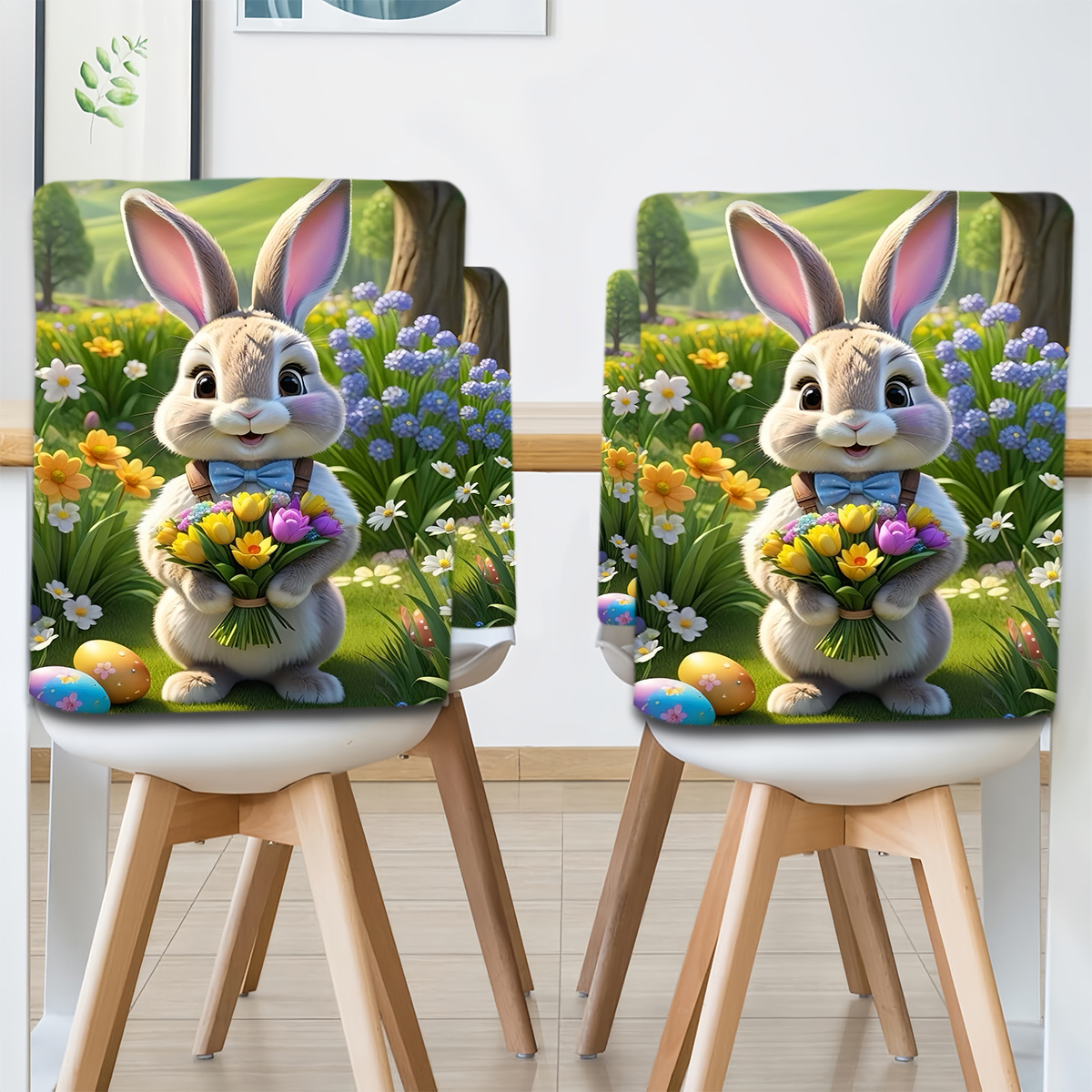 

2/4/6pcs Easter Bunny Floral Chair Covers, Style Polyester Short Plush Fabric, Hand Washable, , Furniture Protector For Home, Office, Banquet, Restaurant Decor