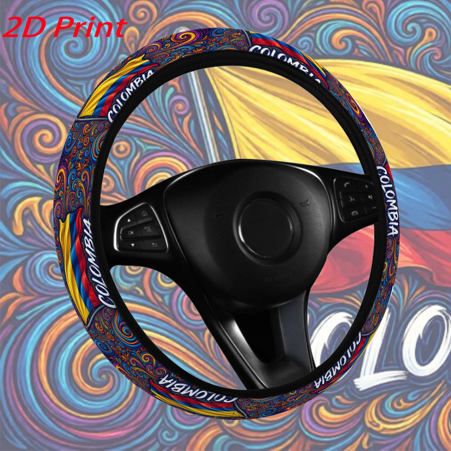 TEMU Car Steering Wheel Cover, Fashionable Colombian Colorful Trendy Pattern, Non-slip 15-inch Steering Wheel Protector, Made Of Neoprene Rubber,