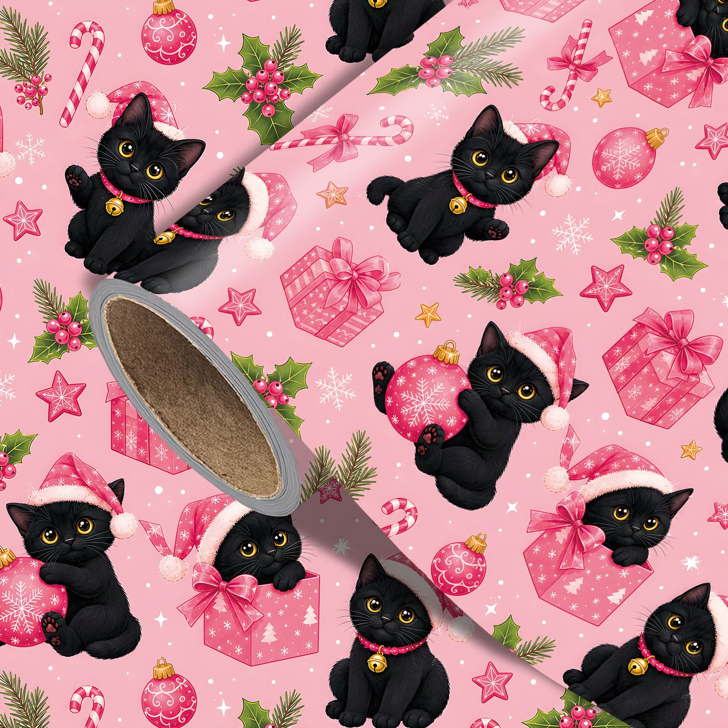 TEMU 1 Rol Roze Kerstverpakkingspapier, Lieflijk Feestelijk Cadeaupapier met Kerstmuts Zwarte Katten, Roze Geschenkdozen, , Snoepstokjes,