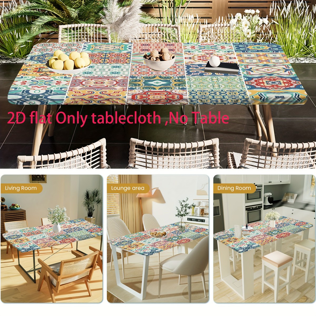 TEMU 1pc Multi-colored Geometric Tile Pattern 12d Printed Design, Adjustable And Washable Tablecloth (tablecloth , No Table Included), Rectangular