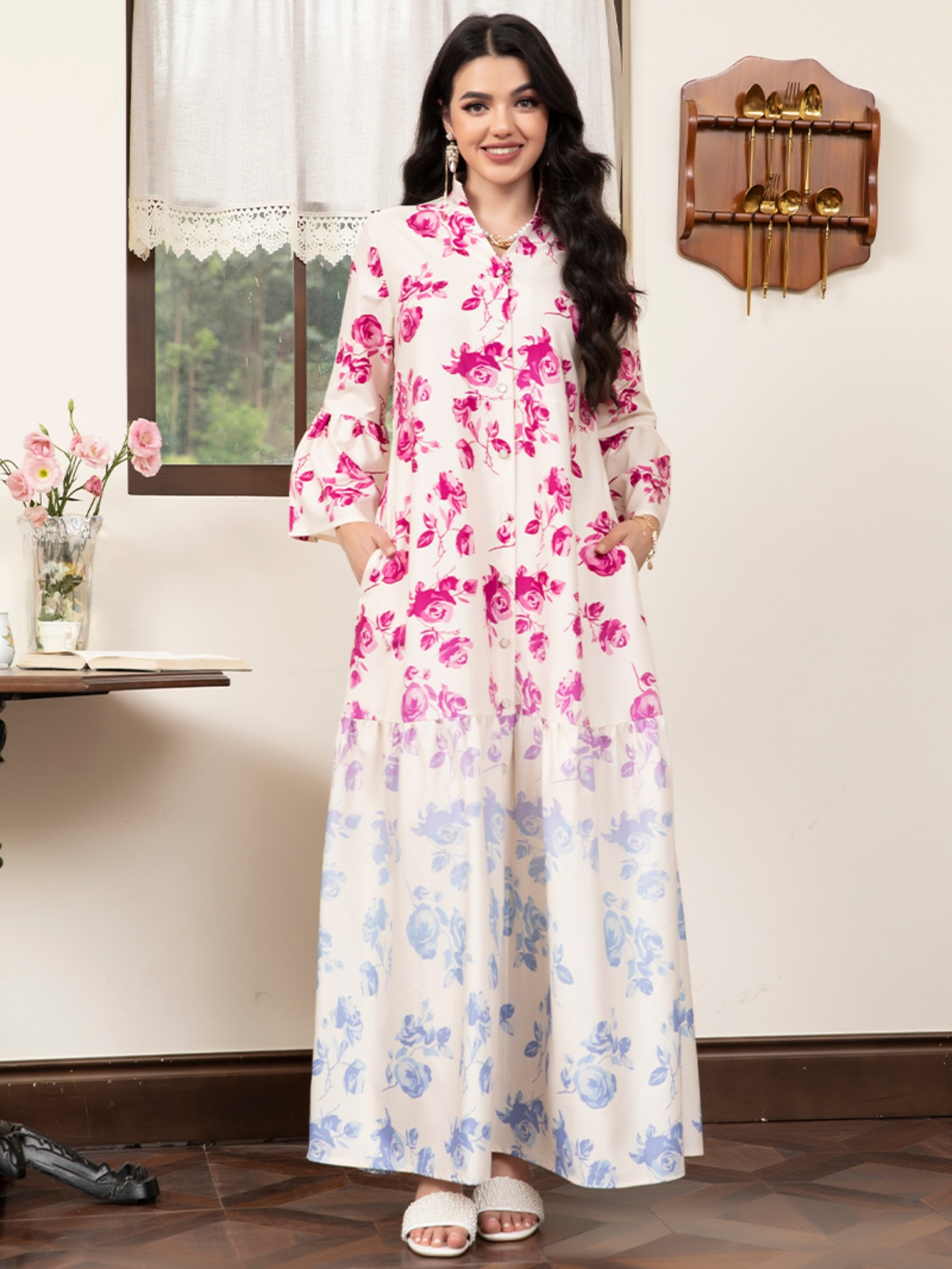 فستان ماكسي نسائي أنيق بتصميم تدرج زهري أكمام واسعة على شكل جرس