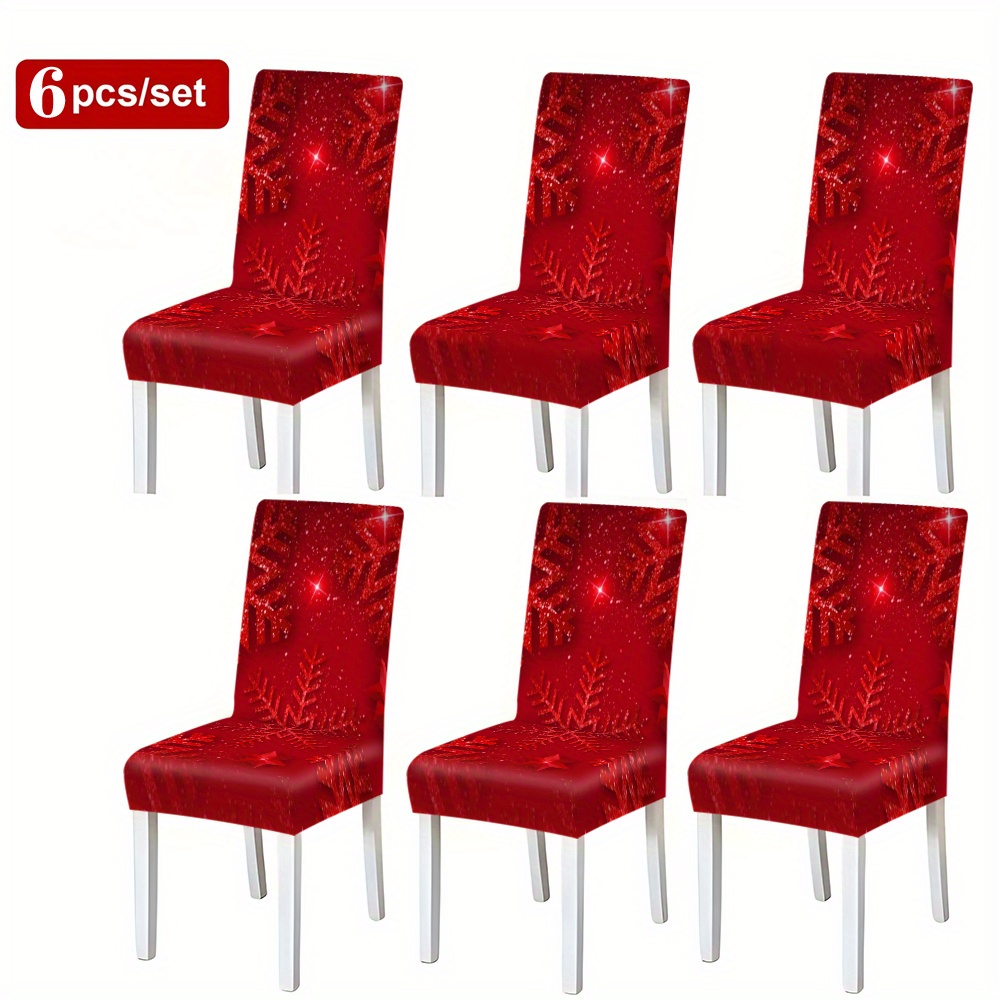 TEMU Lot de 2/4/6 Housses de Chaise Extensibles Rouges à Imprimé de Neige, Protège-Chaises (Chaise Non Incluse), Housses d'Assise Amovibles et