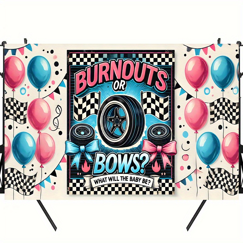 Burnouts Or Bows Gender Reveal Banner - Large 72x44 Inch Backdrop For Baby Shower Decor (Pink & Blue)
