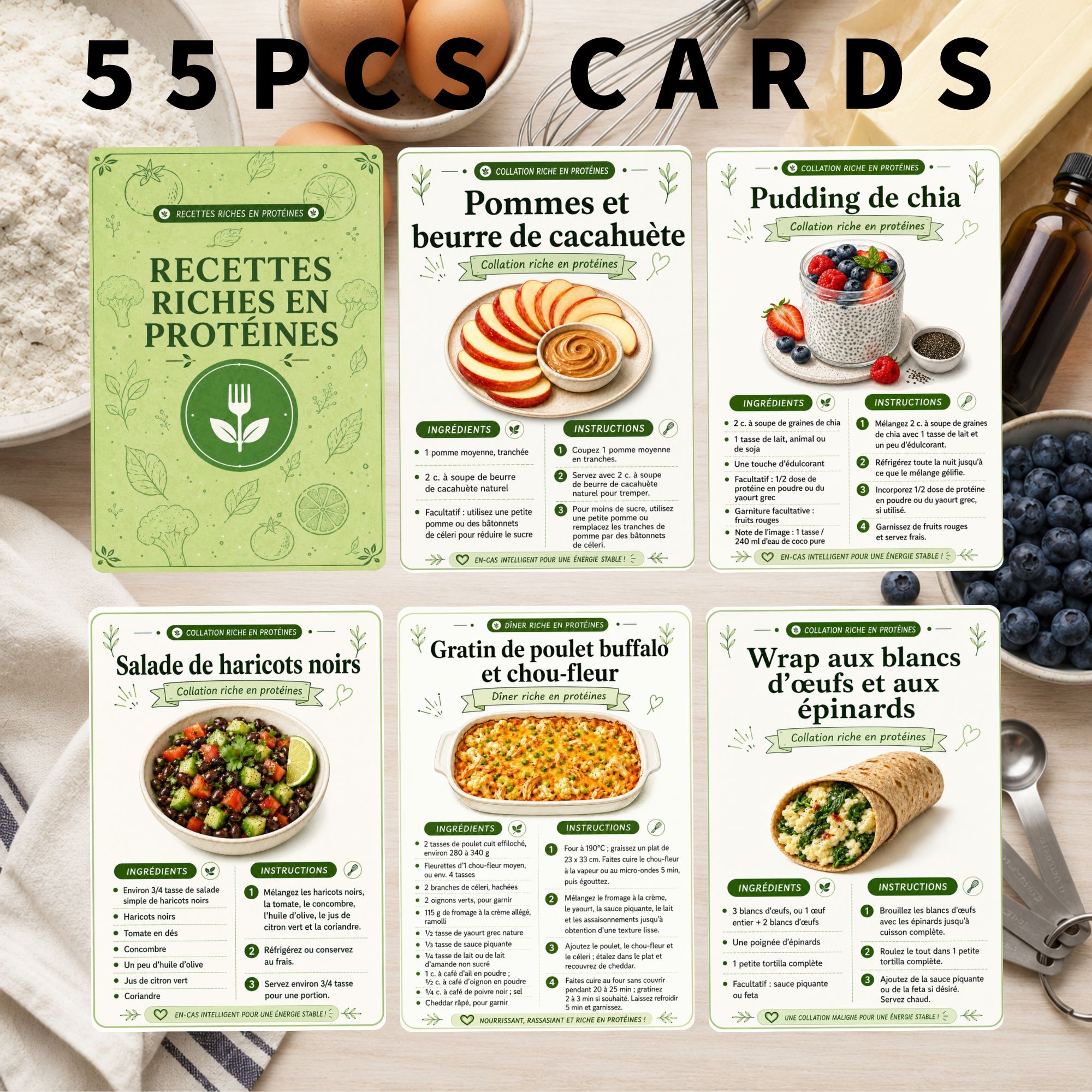 TEMU Cartes de recettes riches en protéines, 55 cartes , idées de repas , de cuisine et planification alimentaire pour des recettes, cuisine maison,