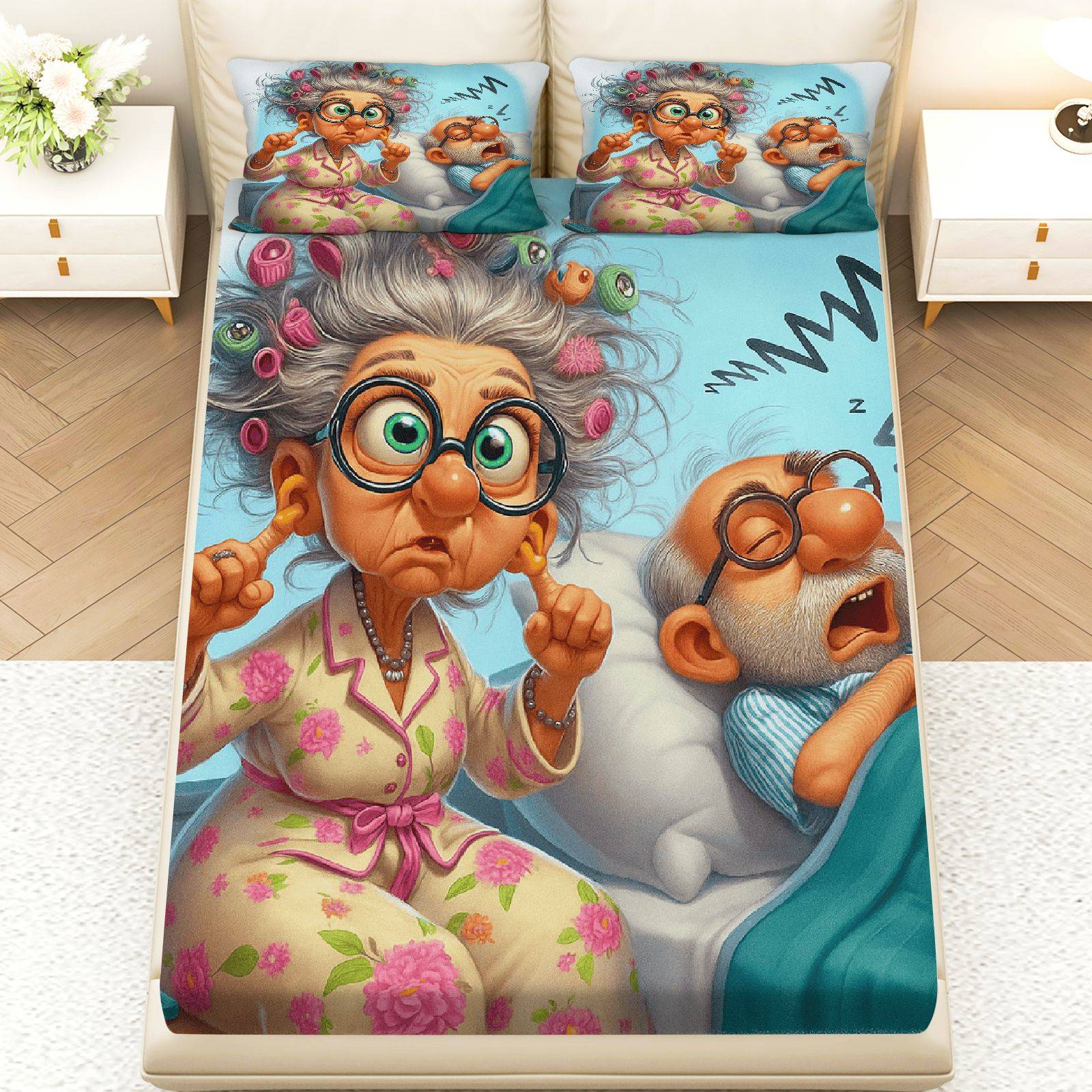 TEMU 3pcs Elderly Couple Humor Fitted Sheet 3 Piece Set (1*fitted Sheet 2*pillowcases, ), Novelty Theme, Fun Humor Bedding, Mattress Protector Soft,