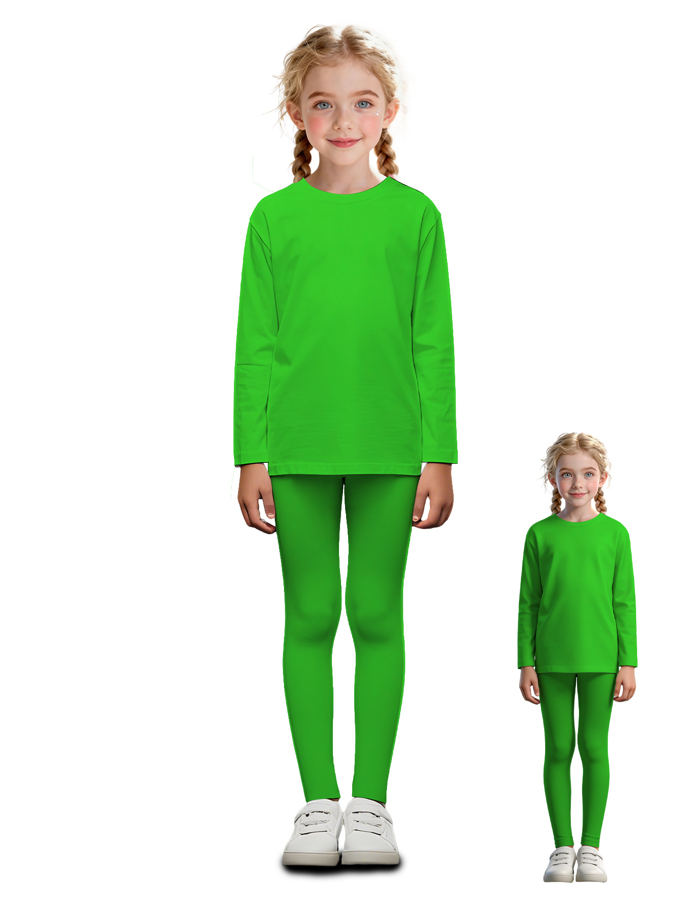 item picture 2pcs set with random fantasy print all over design featuring a long sleeved top and leggings solid green   as a gift for little girls   and comfortable set suitable for parties outdoor activities and casual wear