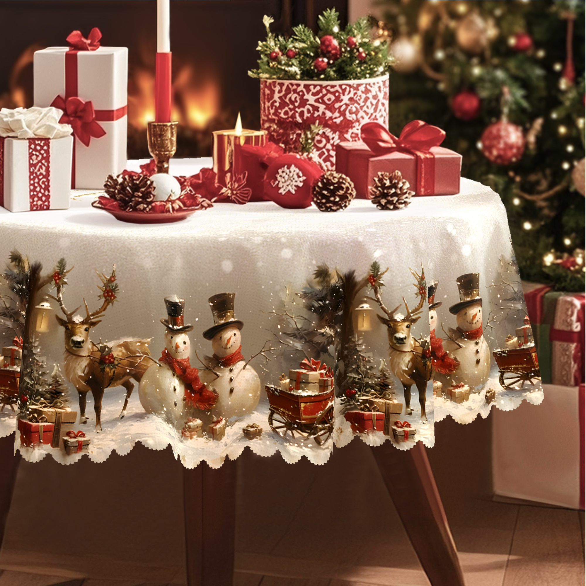 Artoid Mode Nappe De Table Rouge, Motif Noël, Bonhomme De Neige, Arbres, Linge De Table, Saisonnier, Pour Hiver, Cuisine, Table, Décoration Intérieure, Vacances, Décor De Fête, 85 X 85 Cm