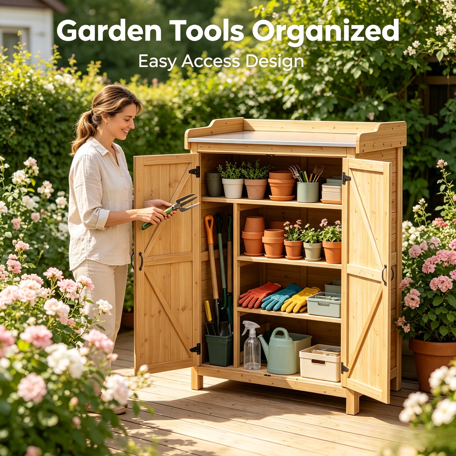Image of 105 X 70 X 50cm, Garden Storage Cabinet, Outdoor Tool Shed, Plant Flower Bed With Galvanized Surface, With Side Hooks For Gardening Tools Or Pool Additions, Box, Cabinet, Rack For Outdoor Storage