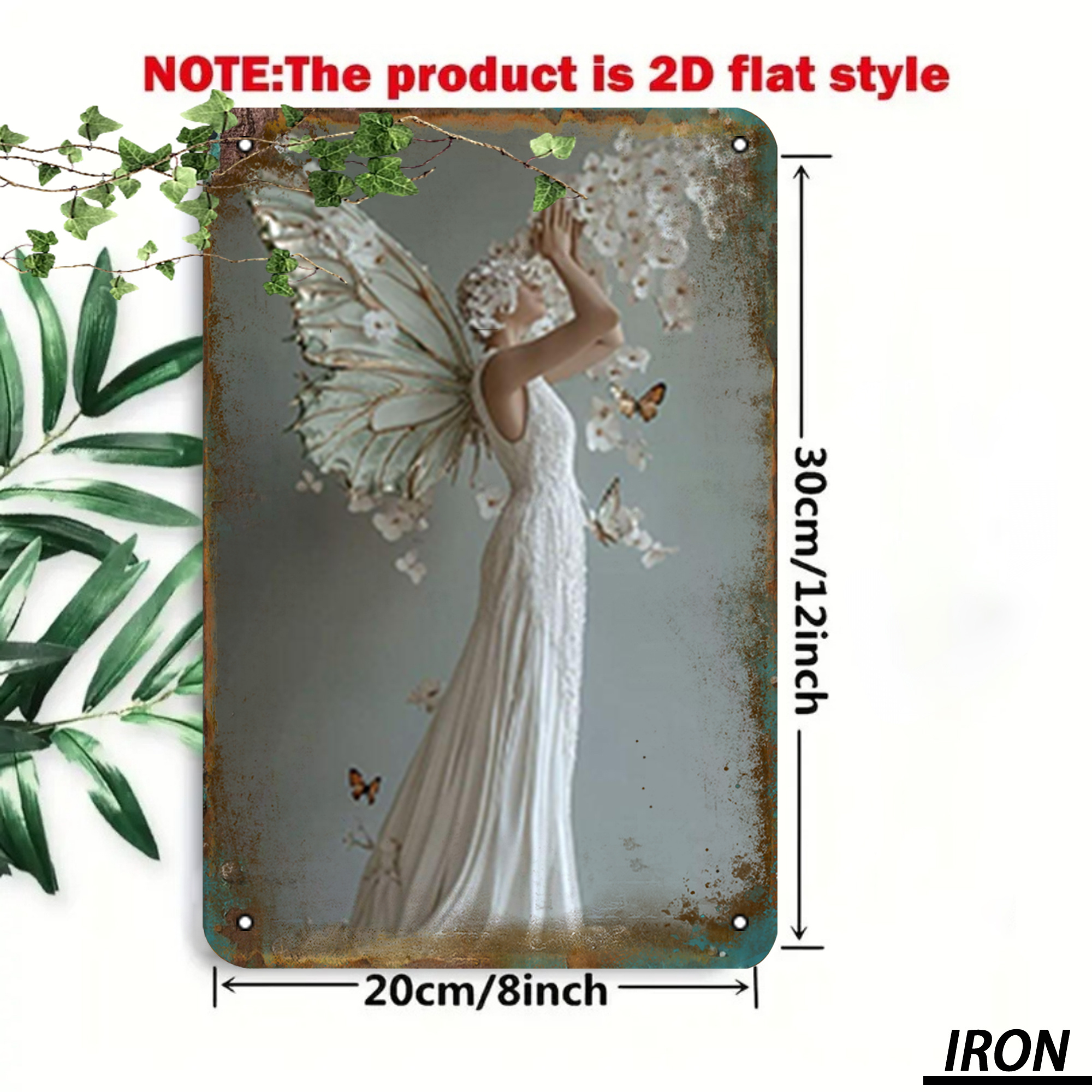 TEMU 2d Flat - 1pc 2d Flat Vintage Fairy Metal Wall Decor Sign | 8x12 Inch Rustic Iron Retro Woman With Butterflies & , 2d Flat Iron Wall Art For Man