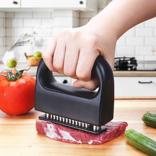 heavy duty meat tenderizer with 48 stainless steel needles and locking device suitable for tenderizing steaks beef turkey fish and poultry used with black abs handle designed for professional kitchens