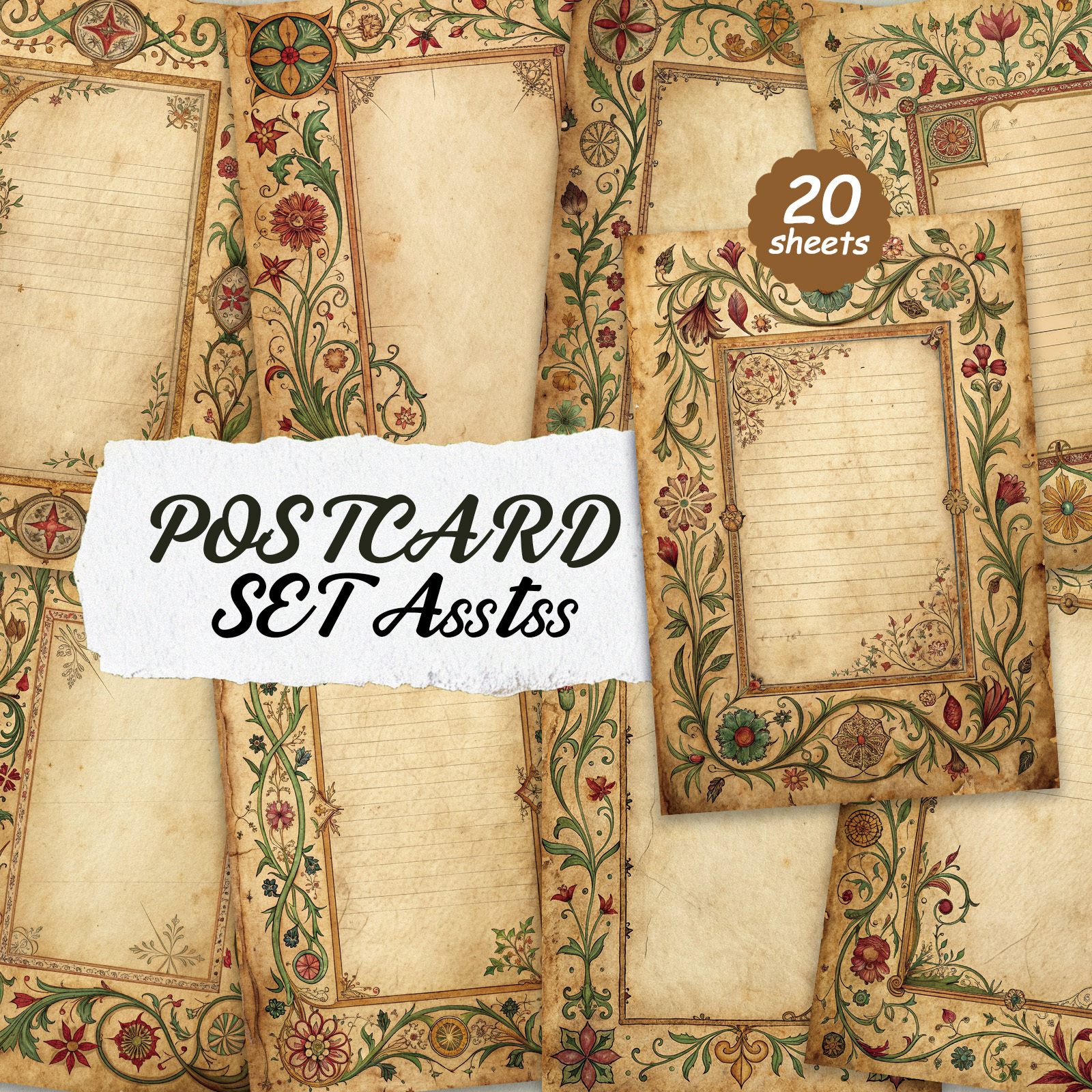 TEMU 20-pack Asstss Vintage Medieval Paper Postcards - 4x6 Inches Retro Junk Journal Supplies, Classic Pinup Illustrations Collectible Decorative