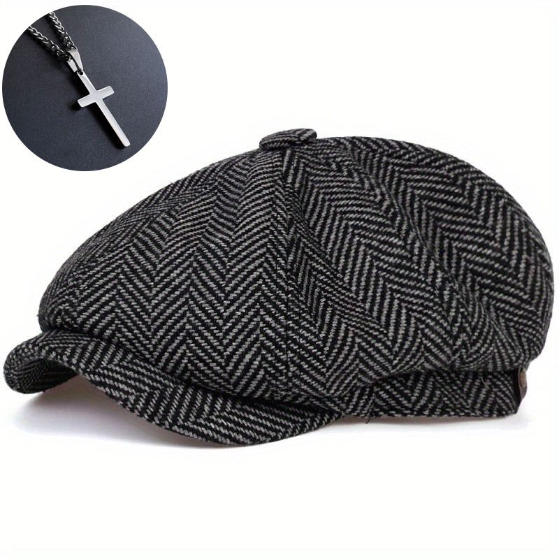 2pcs(1 Hat + 1 Gift Necklace) Men's Vintage Octagon Mitre Hat - Striped Beret Style - - Ivy Driving Hat