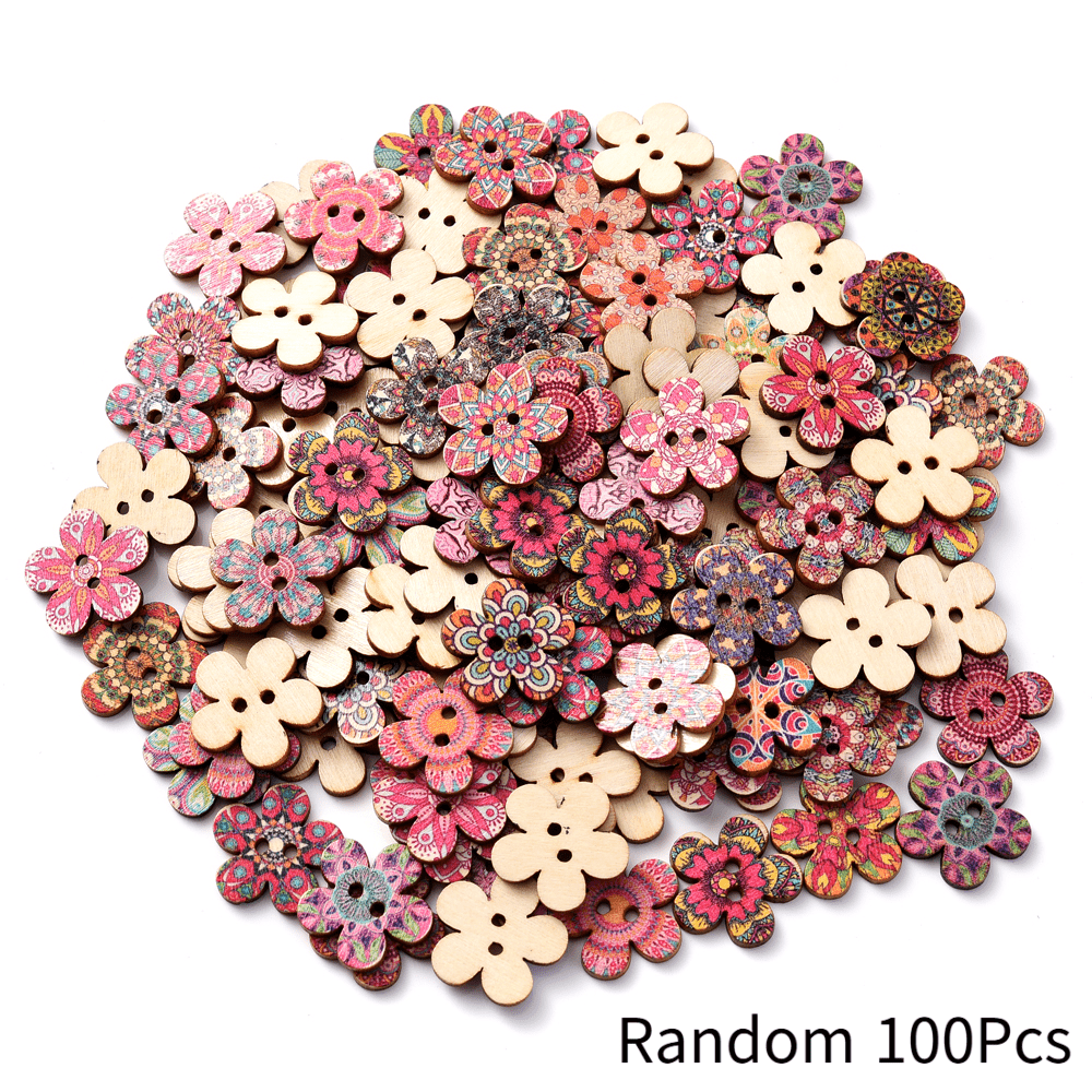 TEMU 100pcs 20mm Bohemian Style Floral Wooden Buttons, Multicolor Kaleidoscope Flower Printed 2-hole Buttons, For Sewing And Crafts - Mixed Colors,
