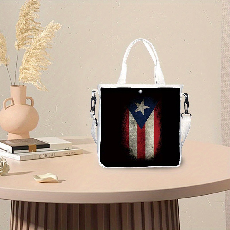 

1pc Puerto Flag Printed Polyester Canvas Tote Bag, With Adjustable Shoulder Strap, Foldable & Lightweight, Snap Closure, Hand Washable, Ideal For Outdoors & Gifts