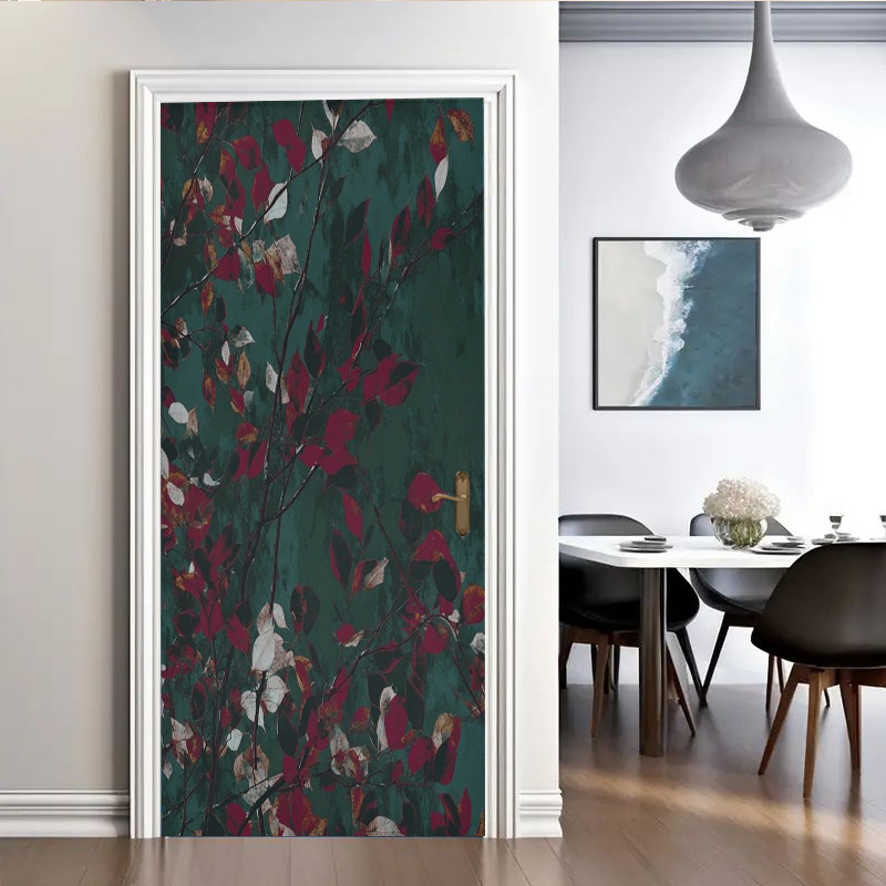 Un par de pegatinas rojas para puertas con diseño de hojas - Calcomanías de pared autoadhesivas removibles de primera calidad, diseño plano 2D, decoración clásica para dormitorios, salas de estar y puertas de oficinas, aptas para puertas principales, renovación de superficies, decoración del hogar, fáciles de usar - Solo pegatinas