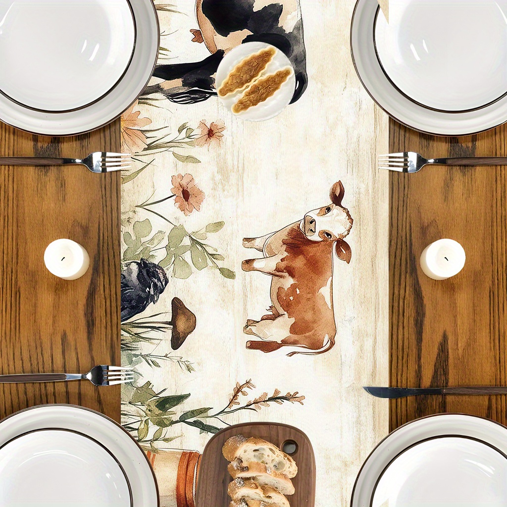 Jit1Pcs1 Farmhouse Cow And Floral Tablecloth, Decorative Table Cover Suitable for Home Dining Rooms, Festive Parties, And Events, Holiday Table Setting | Farmhouse Decor | Polyester Fiber, Tabletop Decoration