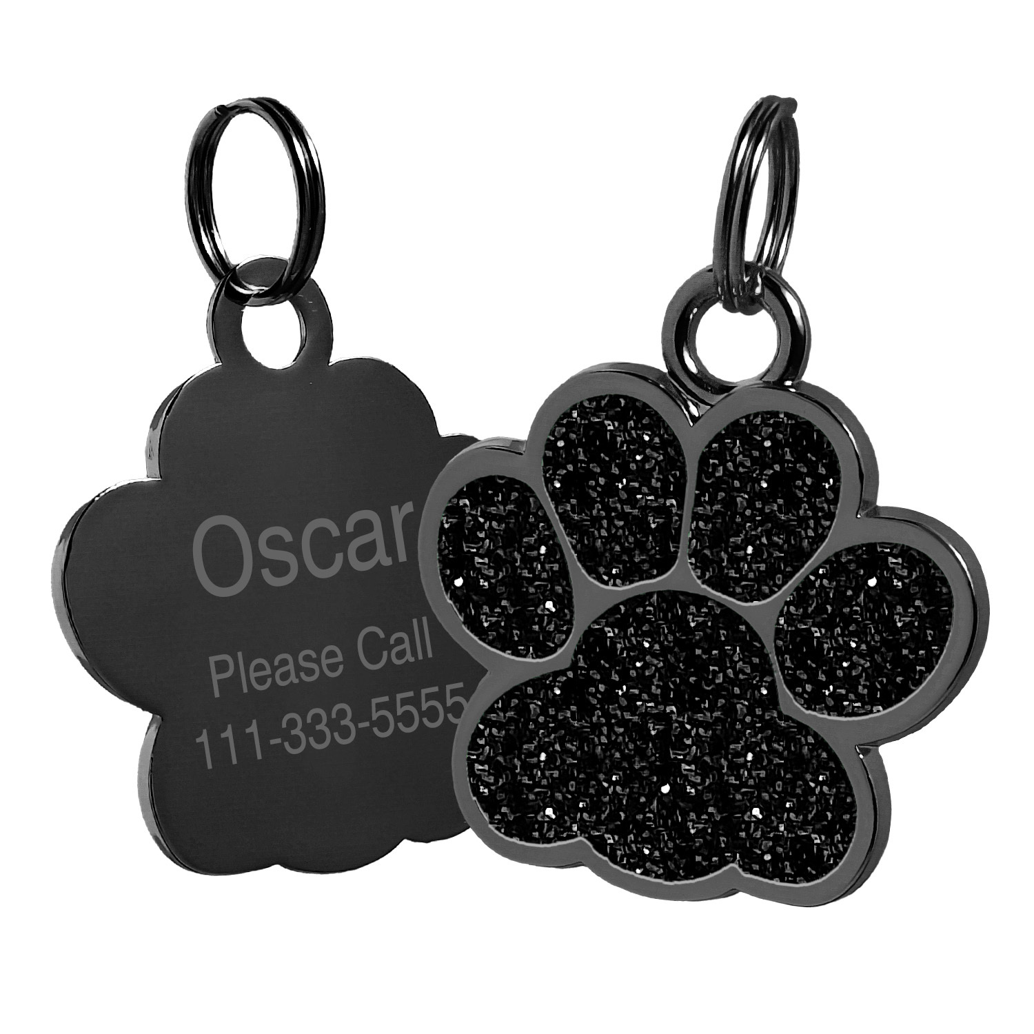 TEMU Shimmering Glitter Paw Print Pet Id Tag, Dual-size Black-base Single-sided Engravable Contact Badge For All Dog Breeds Durable Pet Tag
