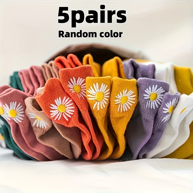 TEMU 5 Pairs Of Women's Japanese-style Floral Print Ankle Socks, Random Colors, Featuring Daisies And Green Leaves - Soft, Comfortable, Elegant,