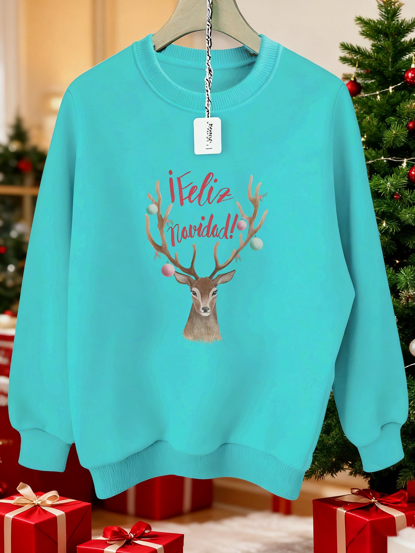 Womens Sweater Reindeer Christmas Tree Print Cozy