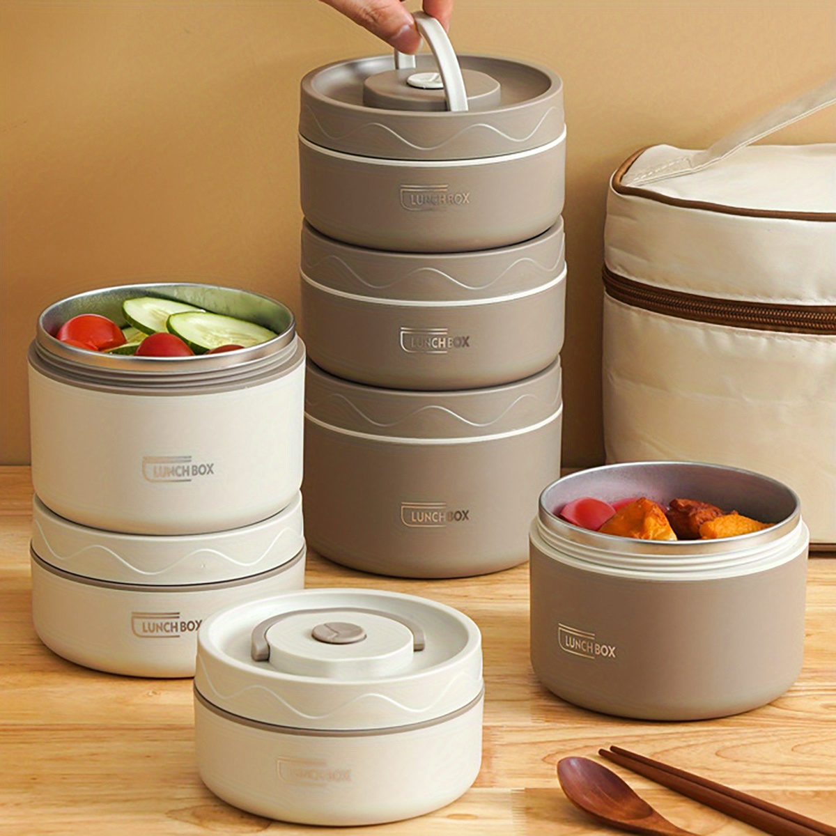 6pcs set 304L stainless steel insulated lunch box with storage bag and cutlery, portable double-layer covered lunch box, office student sealed lunch box,back to school