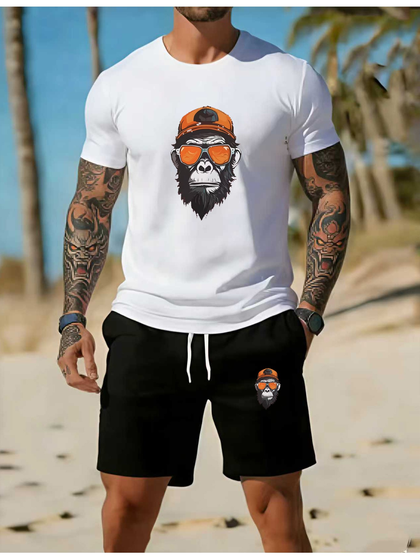 Summer New Men'S Athletic Suit Set Recommendation, Casual Round Neck Short Sleeve Beach Style Individualistic Gorilla Print Athletic Top And Pants Two-Piece Set, Comfortable And Breathable for Home And Outdoor Wear, Lazy And Aspirational