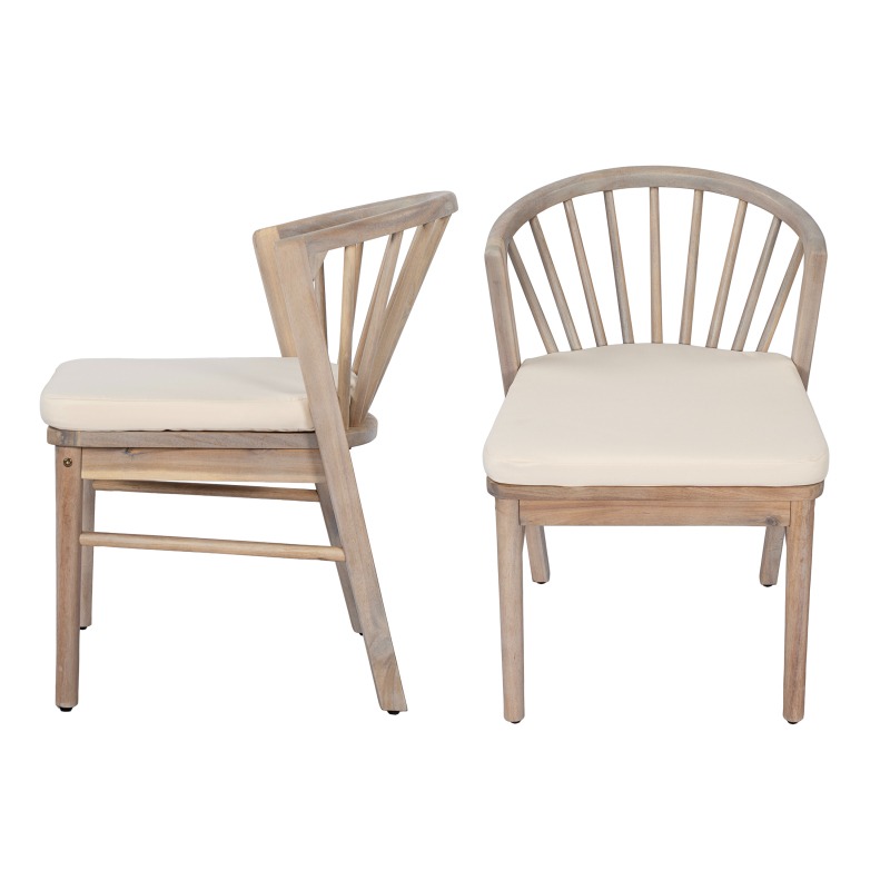 Outdoor Dining Chairs Set of 2, Acacia Wood Patio Chairs with Cream Washable Cushion, for Backyard, Poolside, Garden, Light White