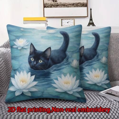 2d flat print 1pc single sided printed decorative pillowcase cat water for lotus flower embroidery multiple sizes size 40 40cm machine washable pillowcase zipper closure suitable for bedroom living room
