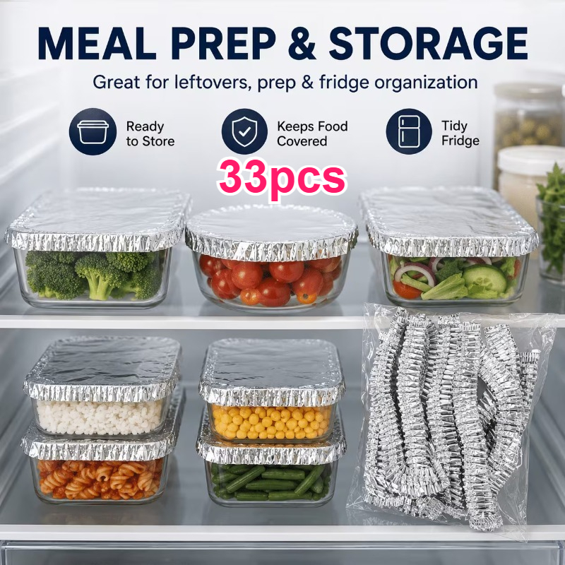 TEMU 33pcs Reusable Extra-large Aluminum Foil Food Covers, Heat-resistant And Insulating With Adjustable Design, Smooth And Reflective Surface,