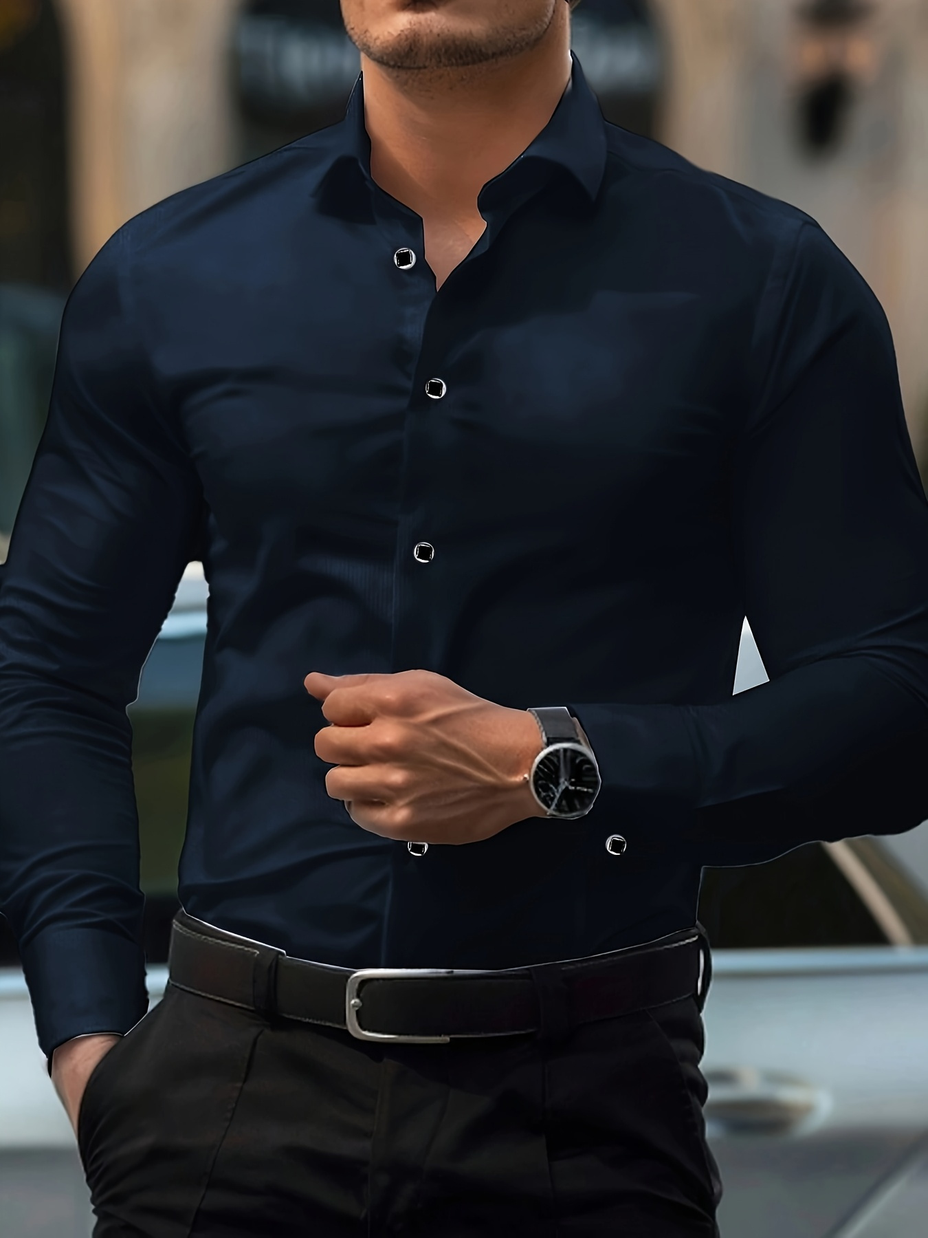 Camisa negra de manga larga para hombre con diseño geométrico - Corte ajustado, material ligero, ideal para eventos casuales o formales, top versátil | Look elegante | Tacto suave